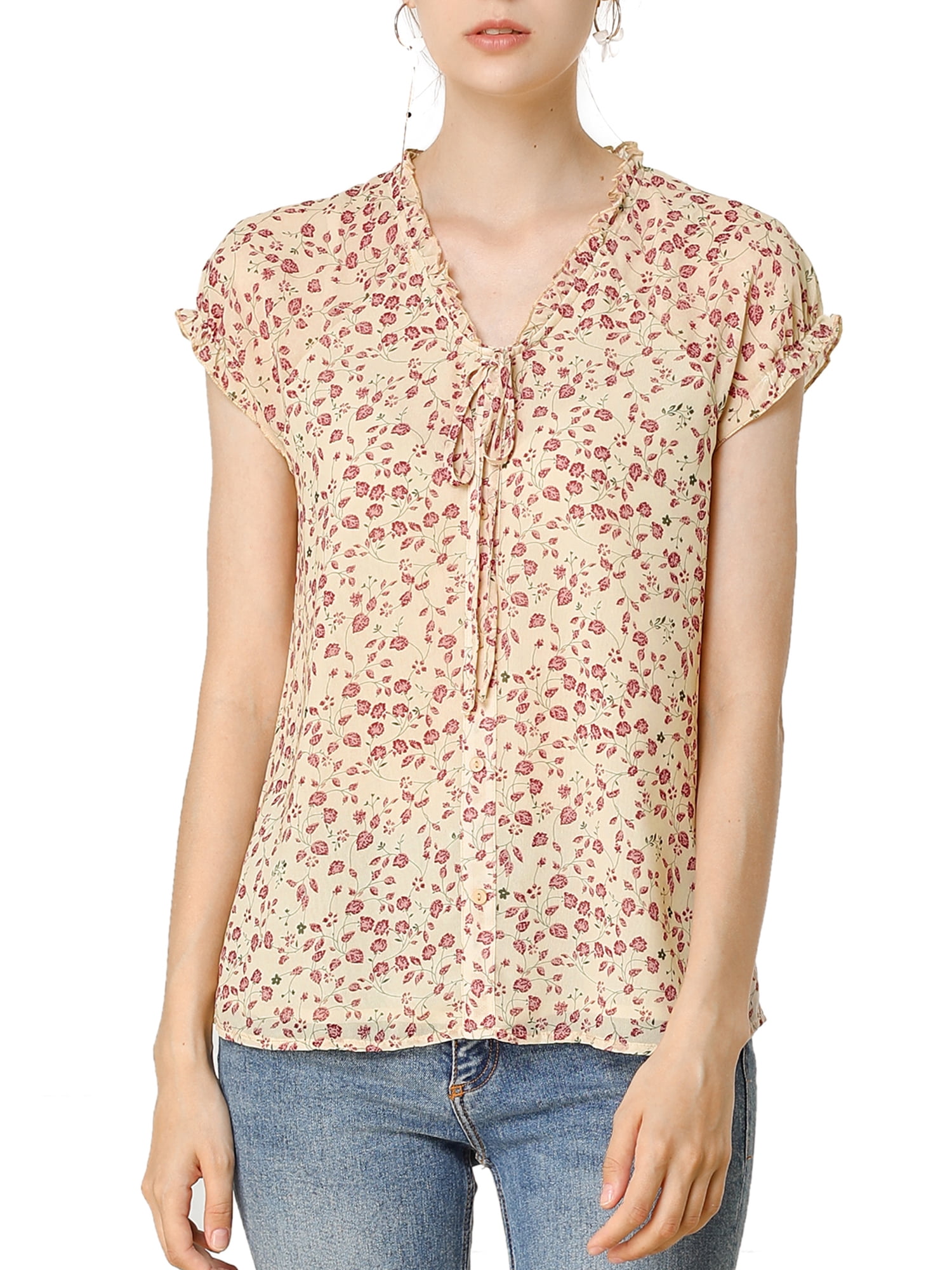 DARING DIVA Women's Ruffle V Neck Cap Sleeve Chiffon Floral Blouse Top XL Apricot