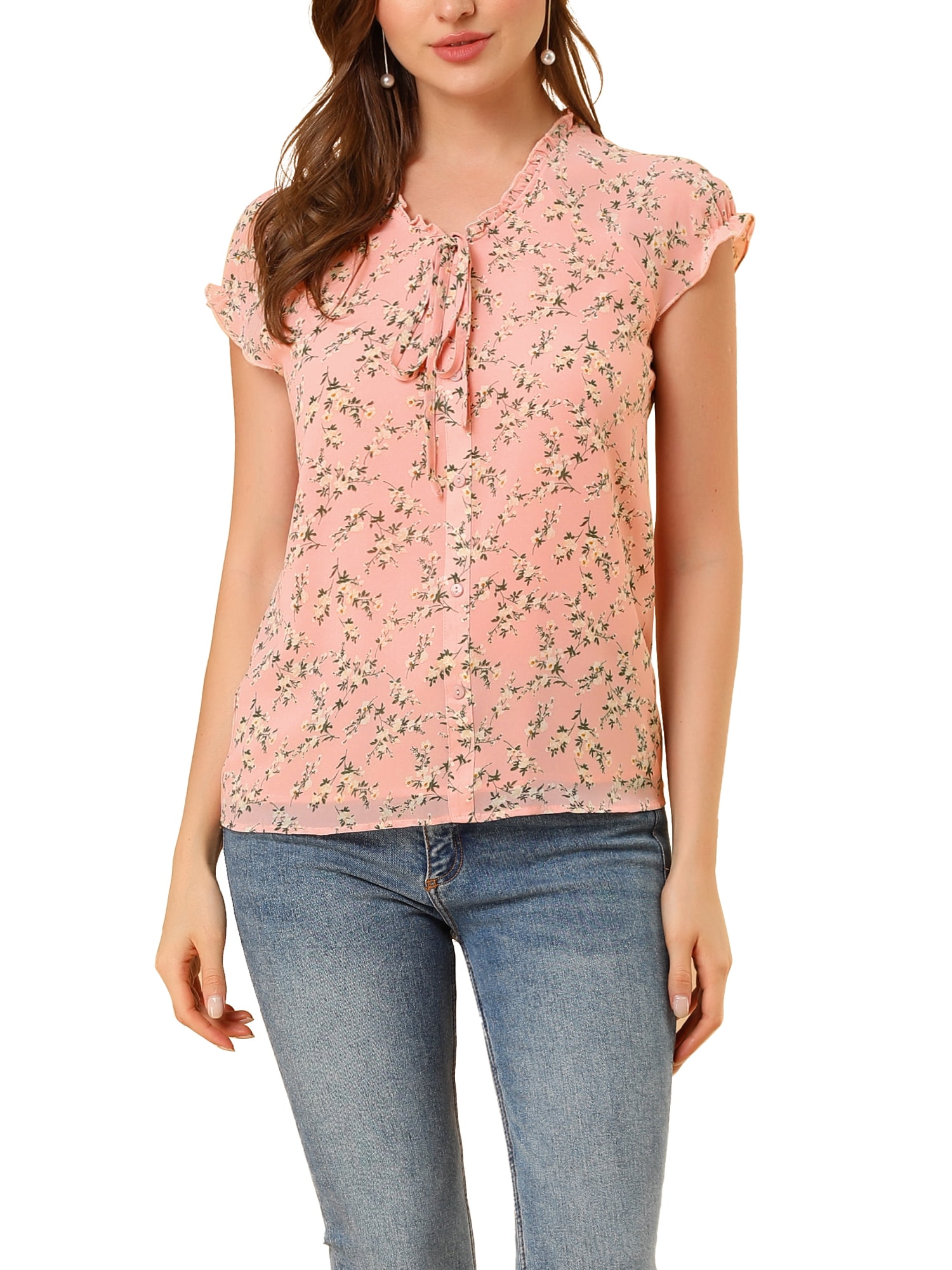 DARING DIVA Women's Ruffle V Neck Cap Sleeve Chiffon Floral Blouse Top XL Dark Pink