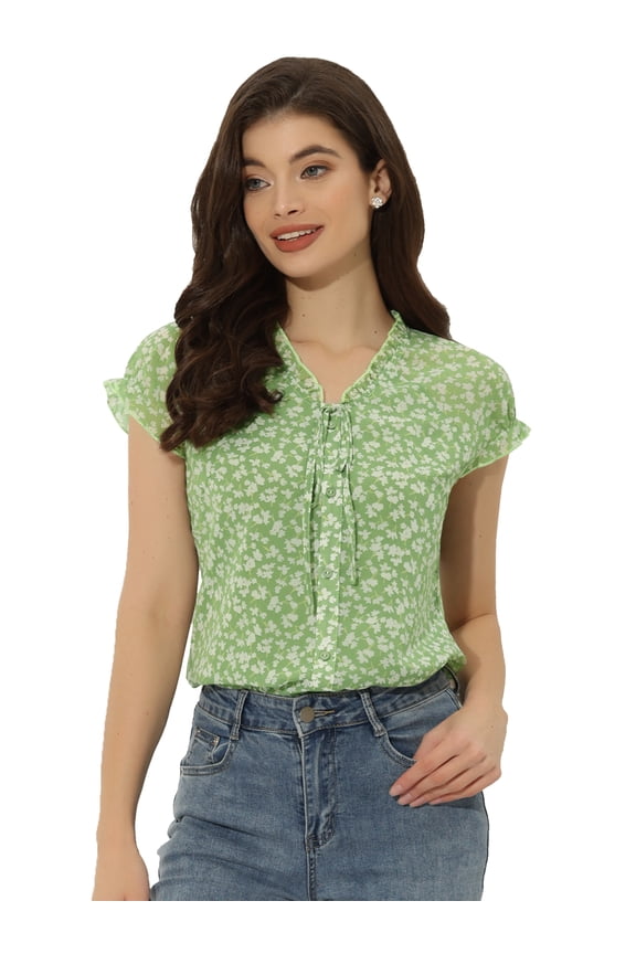 Women's Ruffle V Neck Cap Sleeve Chiffon Floral Blouse Top XL Light Green
