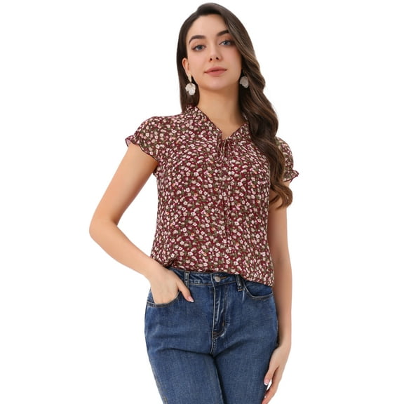 DARING DIVA Women's Ruffle V Neck Cap Sleeve Chiffon Floral Blouse Top XS Dark Red