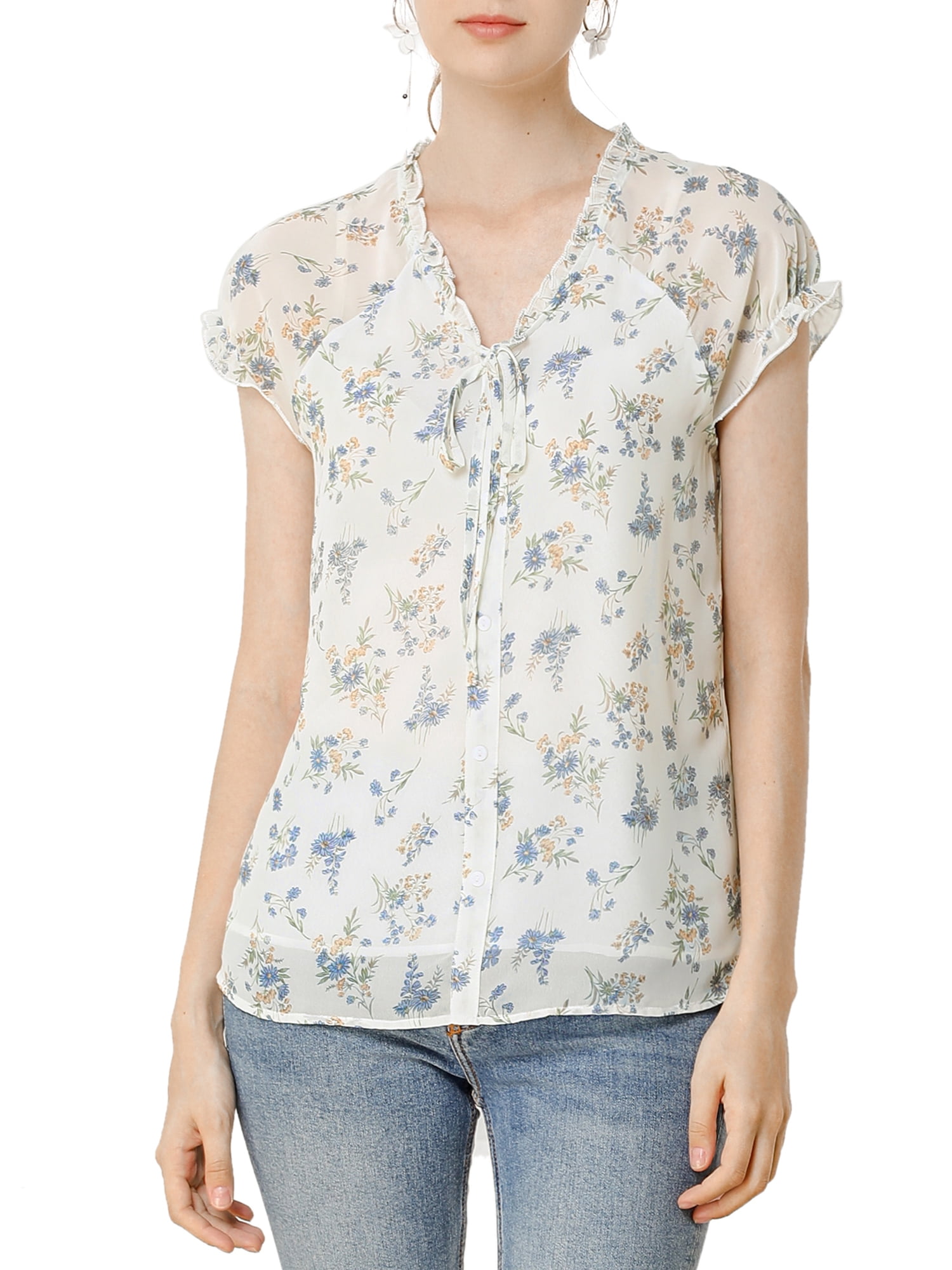 DARING DIVA Women's Ruffle V Neck Cap Sleeve Chiffon Floral Blouse Top XS White Purple