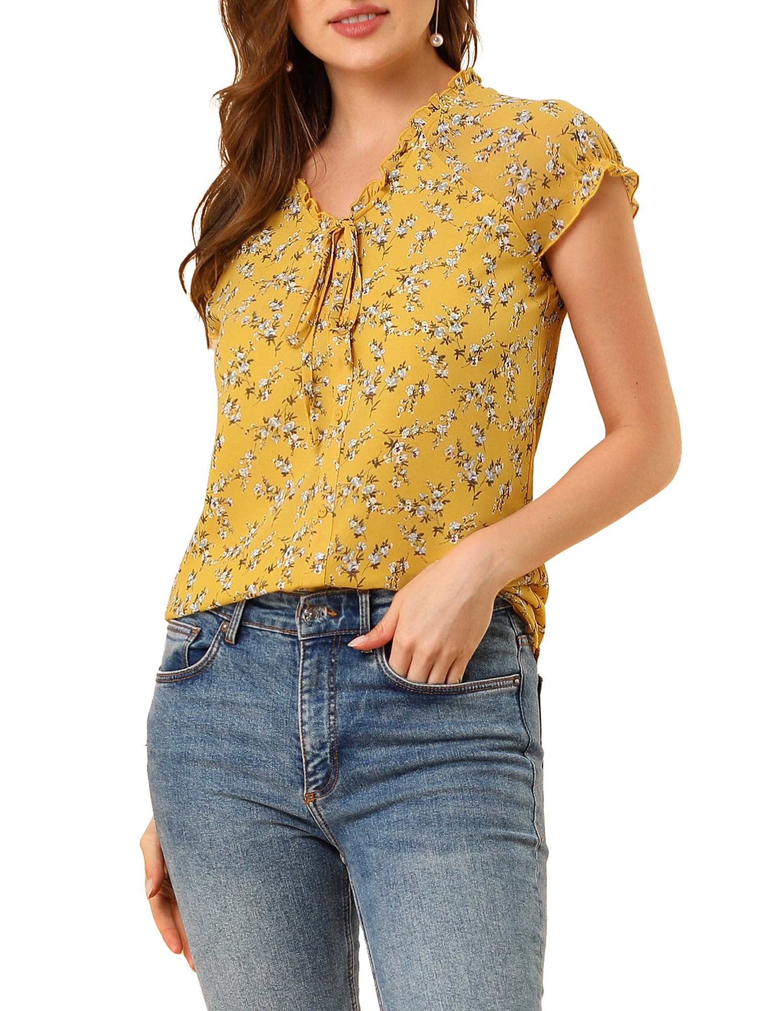 DARING DIVA Women's Ruffle V Neck Cap Sleeve Chiffon Floral Blouse Top XS Yellow