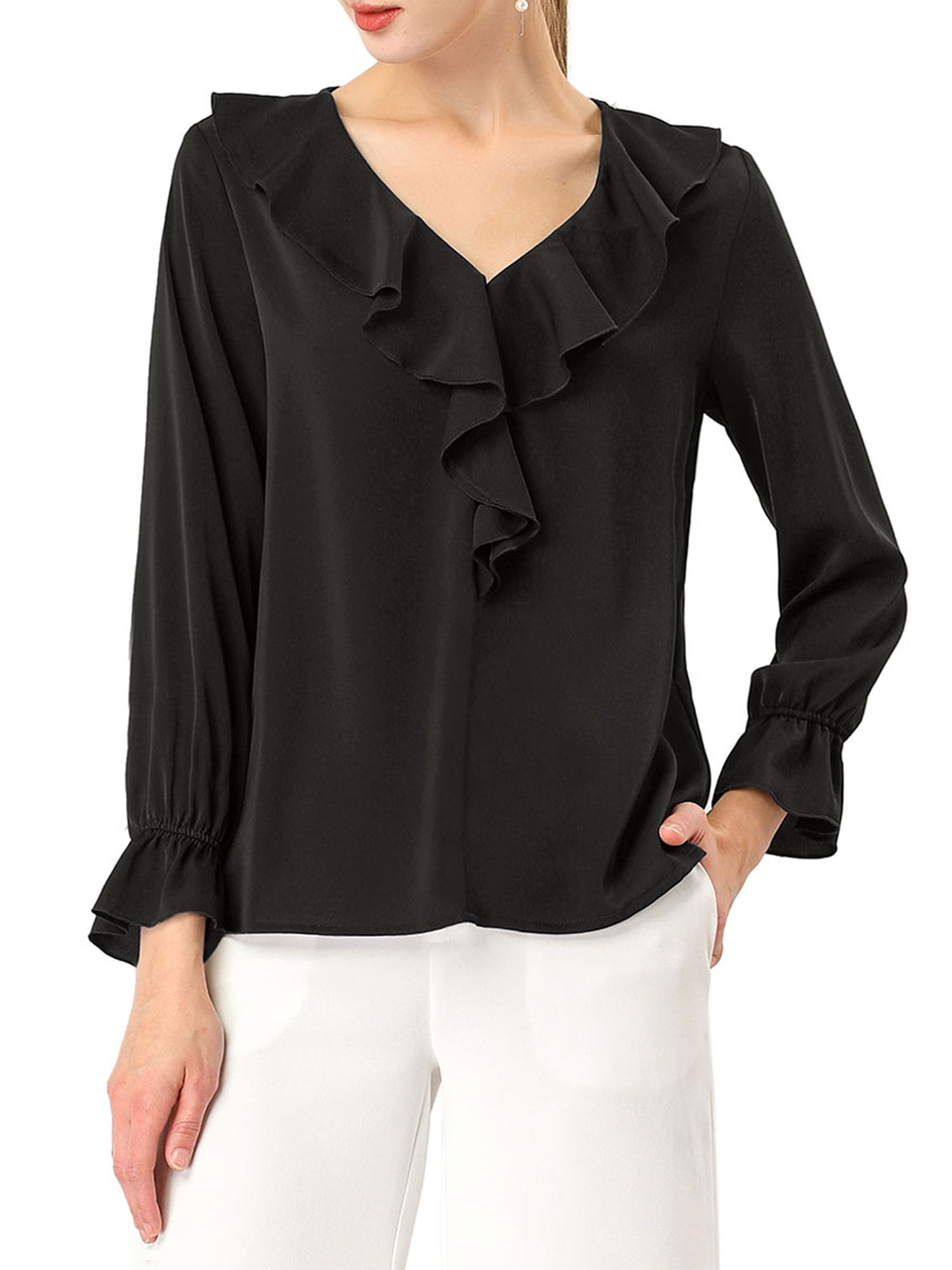 DARING DIVA Women's Ruffle V Neck Chiffon Peasant Blouse 3XL Black