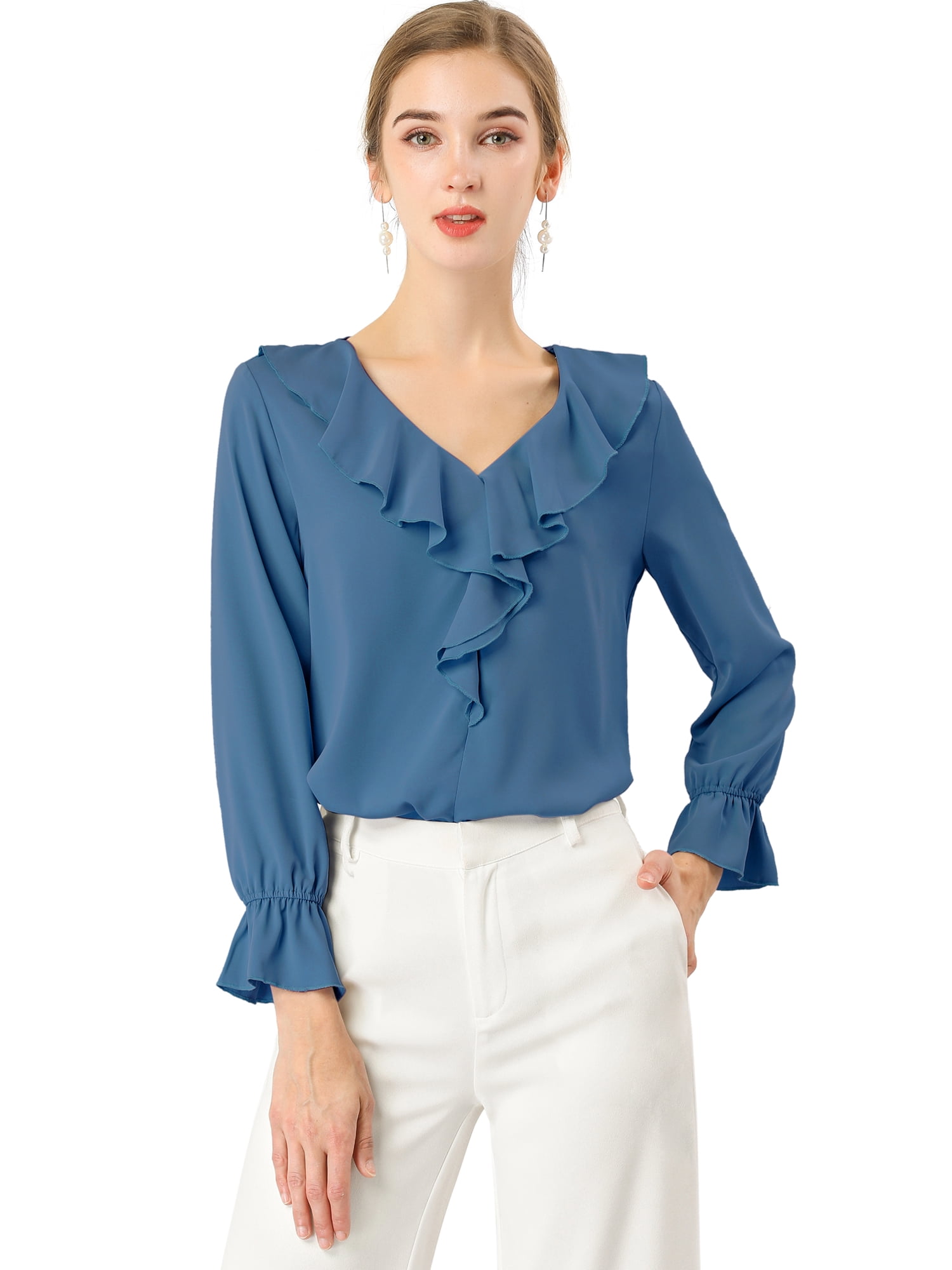 DARING DIVA Women's Ruffle V Neck Chiffon Peasant Blouse 3XL Dusty Blue