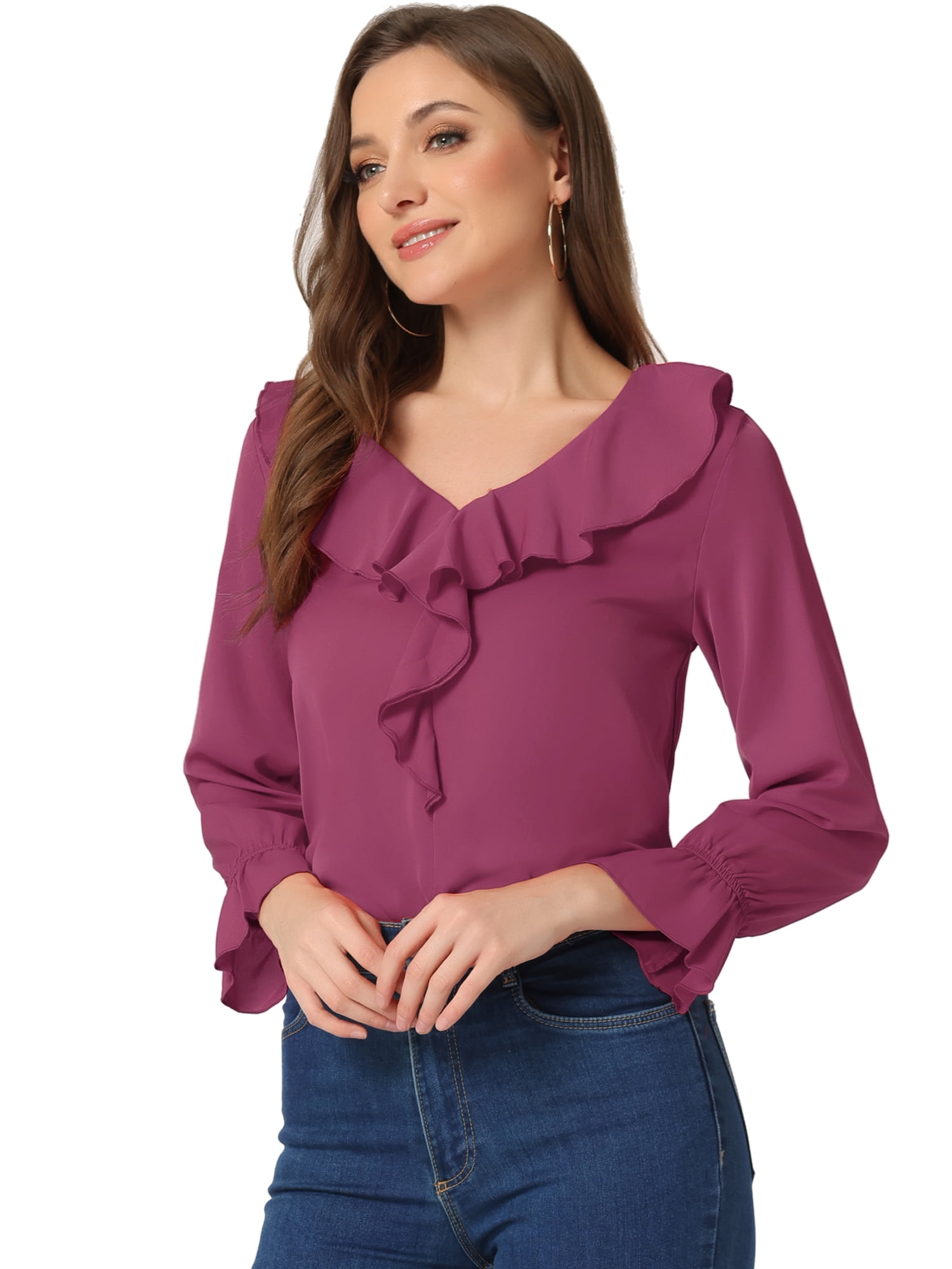 DARING DIVA Women's Ruffle V Neck Chiffon Peasant Blouse L Fushcia
