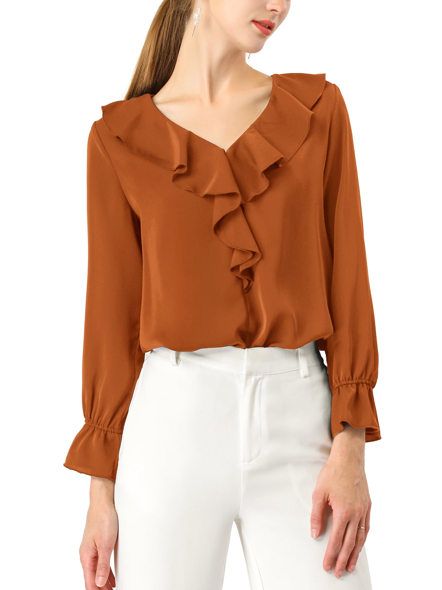 DARING DIVA Women's Ruffle V Neck Chiffon Peasant Blouse M Brown