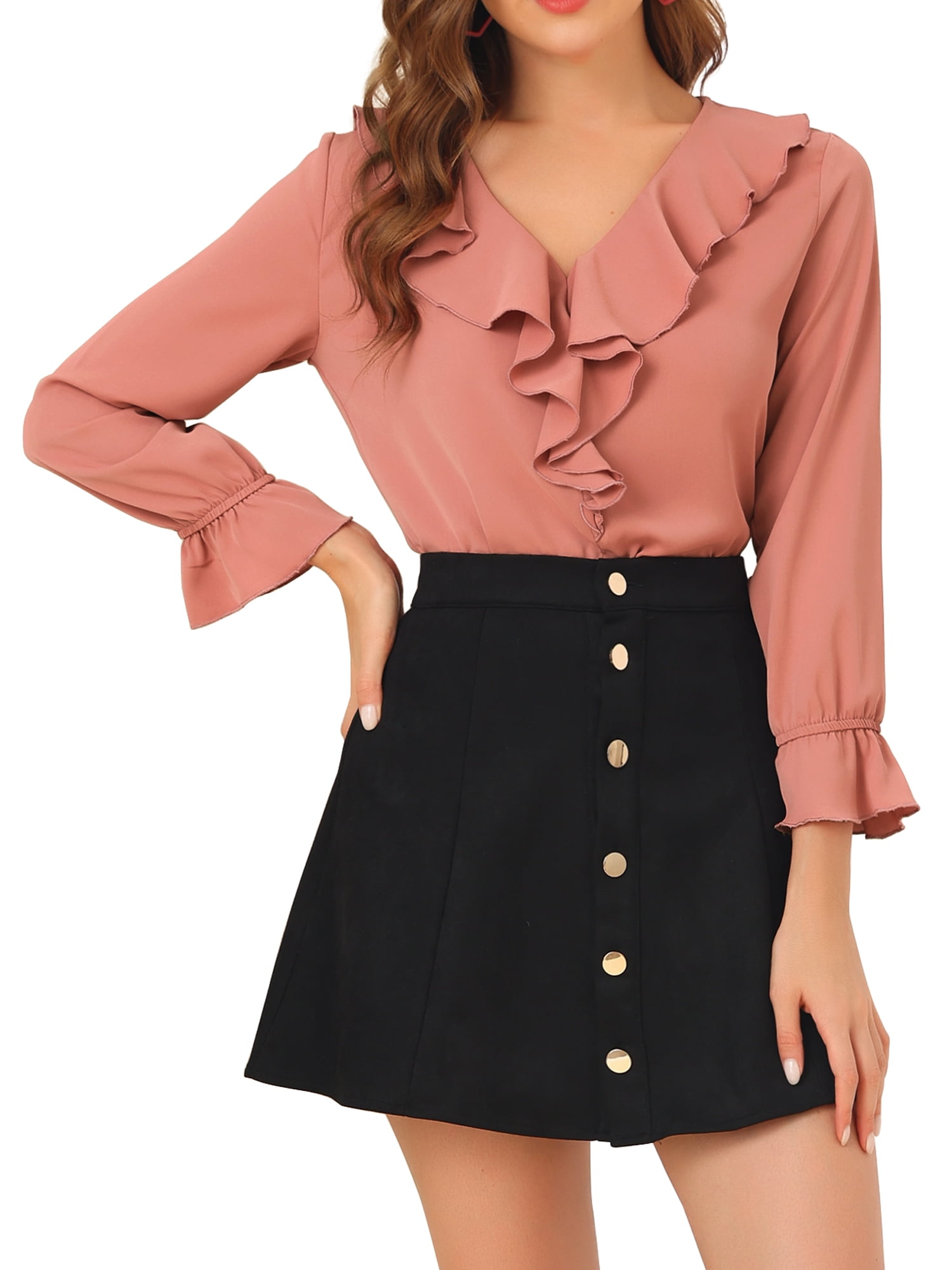 DARING DIVA Women's Ruffle V Neck Chiffon Peasant Blouse M Dark Pink