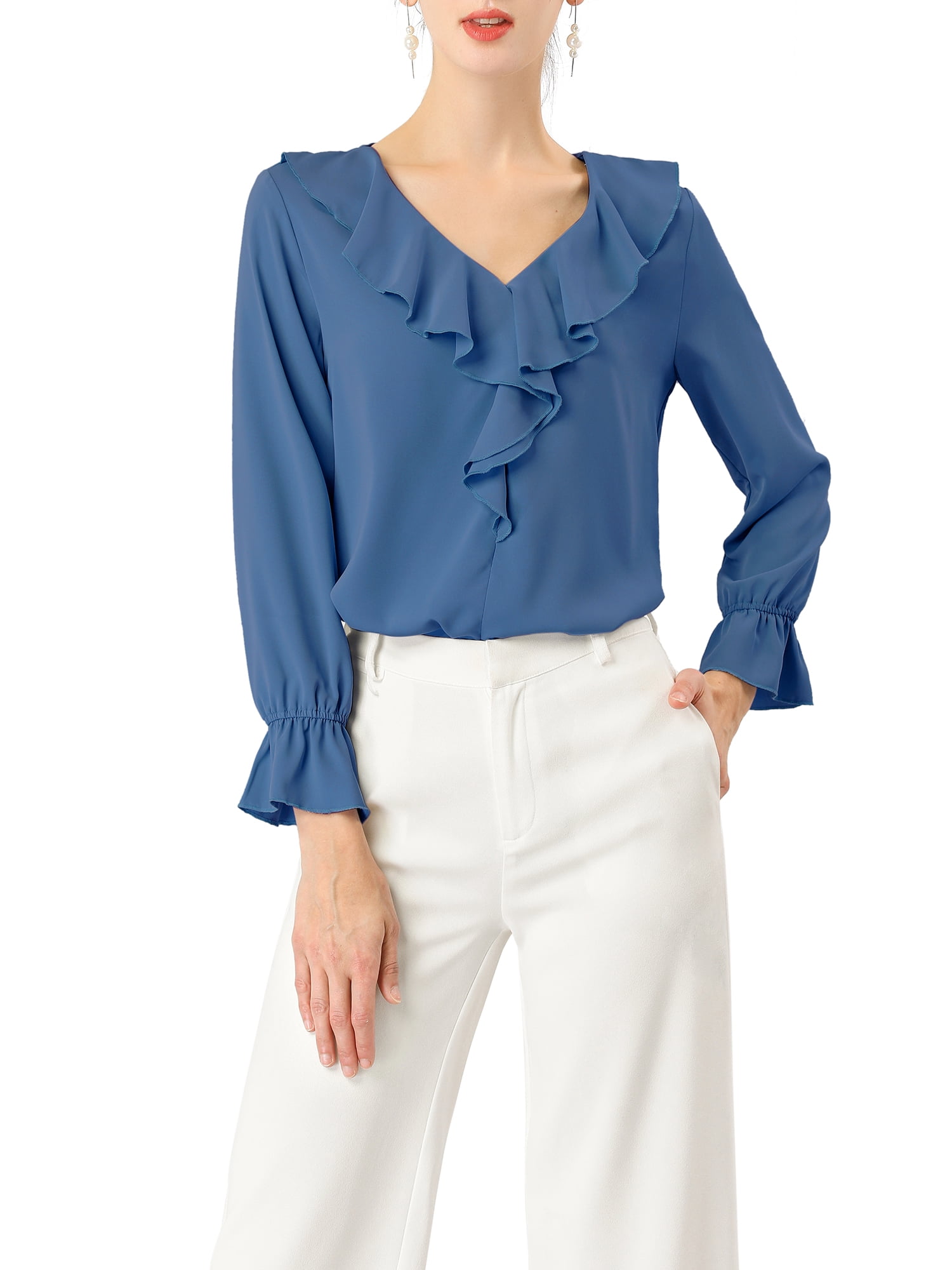 DARING DIVA Women's Ruffle V Neck Chiffon Peasant Blouse M Dusty Blue