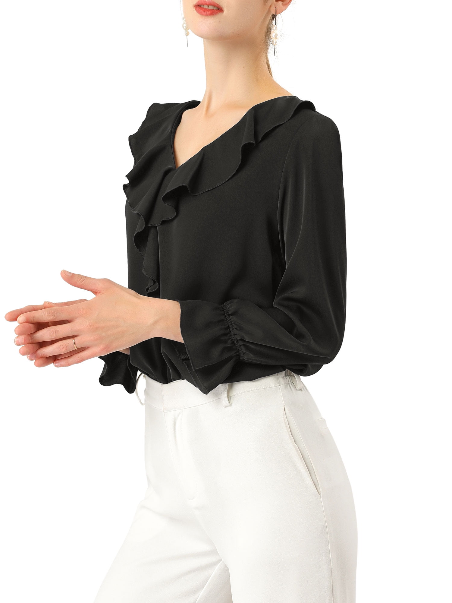 DARING DIVA Women's Ruffle V Neck Chiffon Peasant Blouse S Black