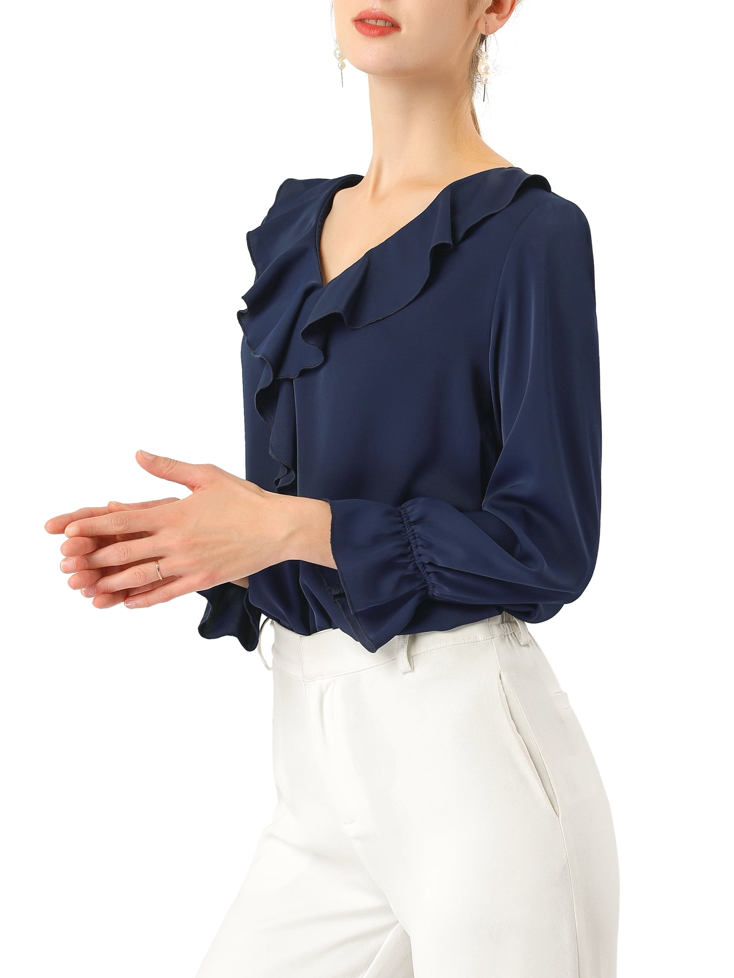 DARING DIVA Women's Ruffle V Neck Chiffon Peasant Blouse S Dark Blue