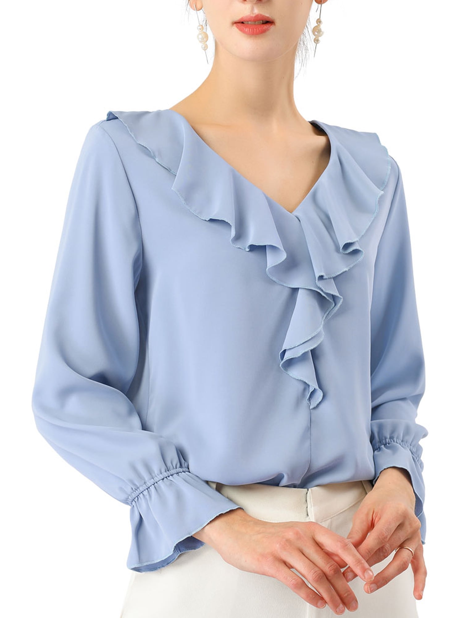 DARING DIVA Women's Ruffle V Neck Chiffon Peasant Blouse XL Baby Blue