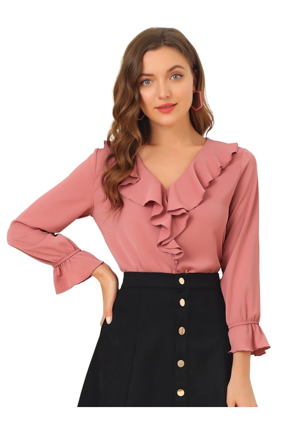 Women's Ruffle V Neck Chiffon Peasant Blouse XL Dark Pink