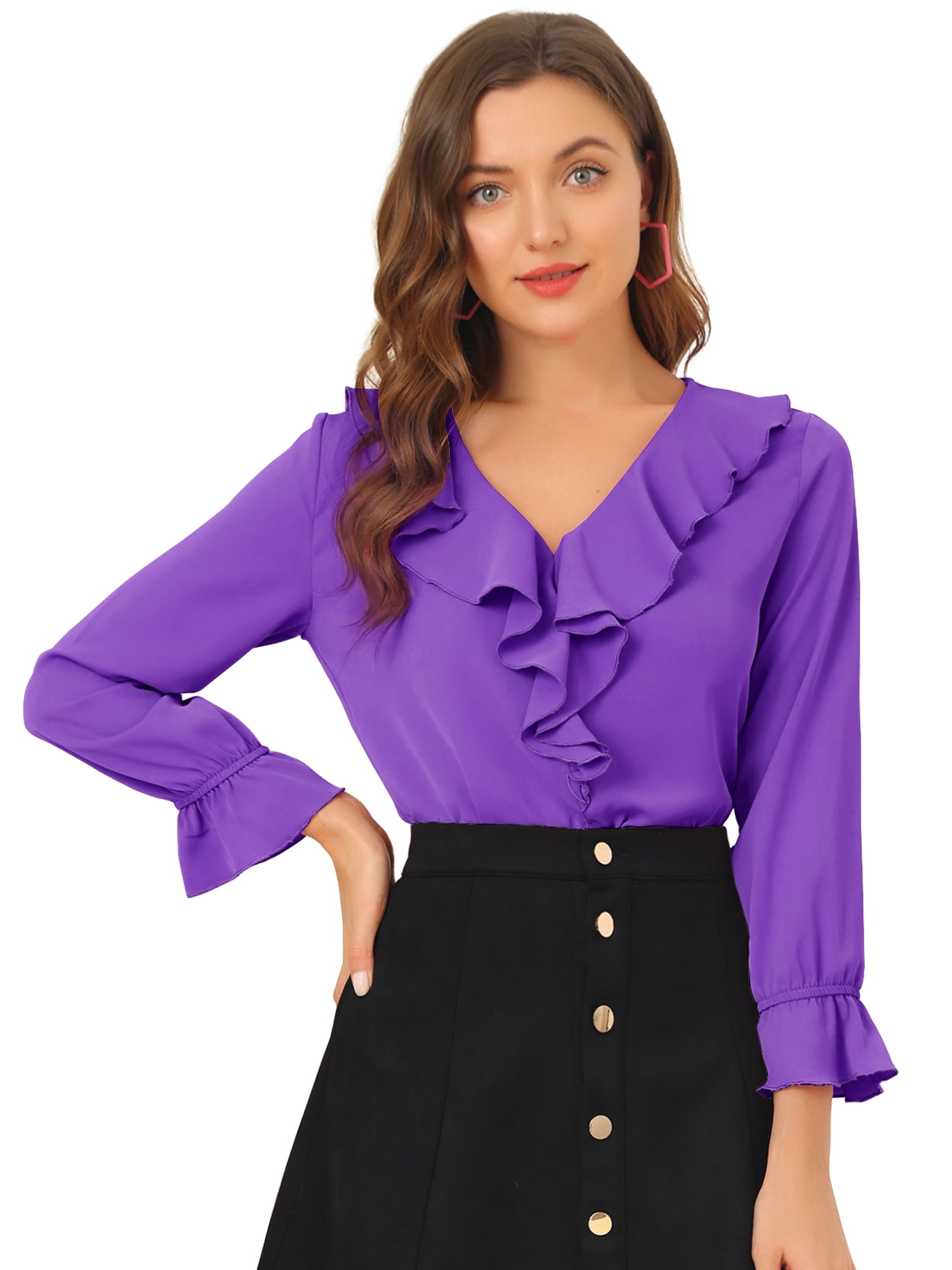 DARING DIVA Women's Ruffle V Neck Chiffon Peasant Blouse XL Dark Purple