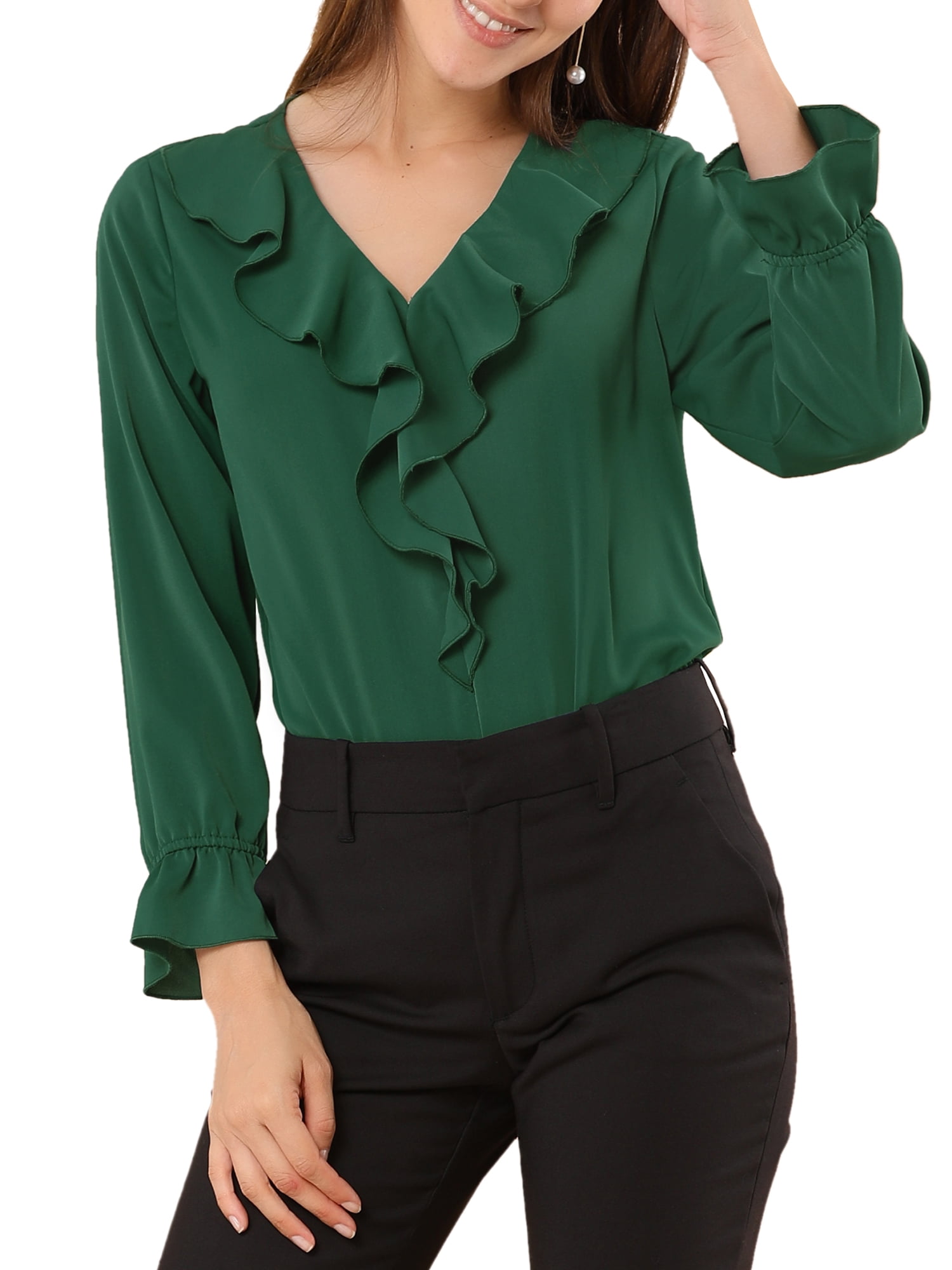 DARING DIVA Women's Ruffle V Neck Chiffon Peasant Blouse XL Green