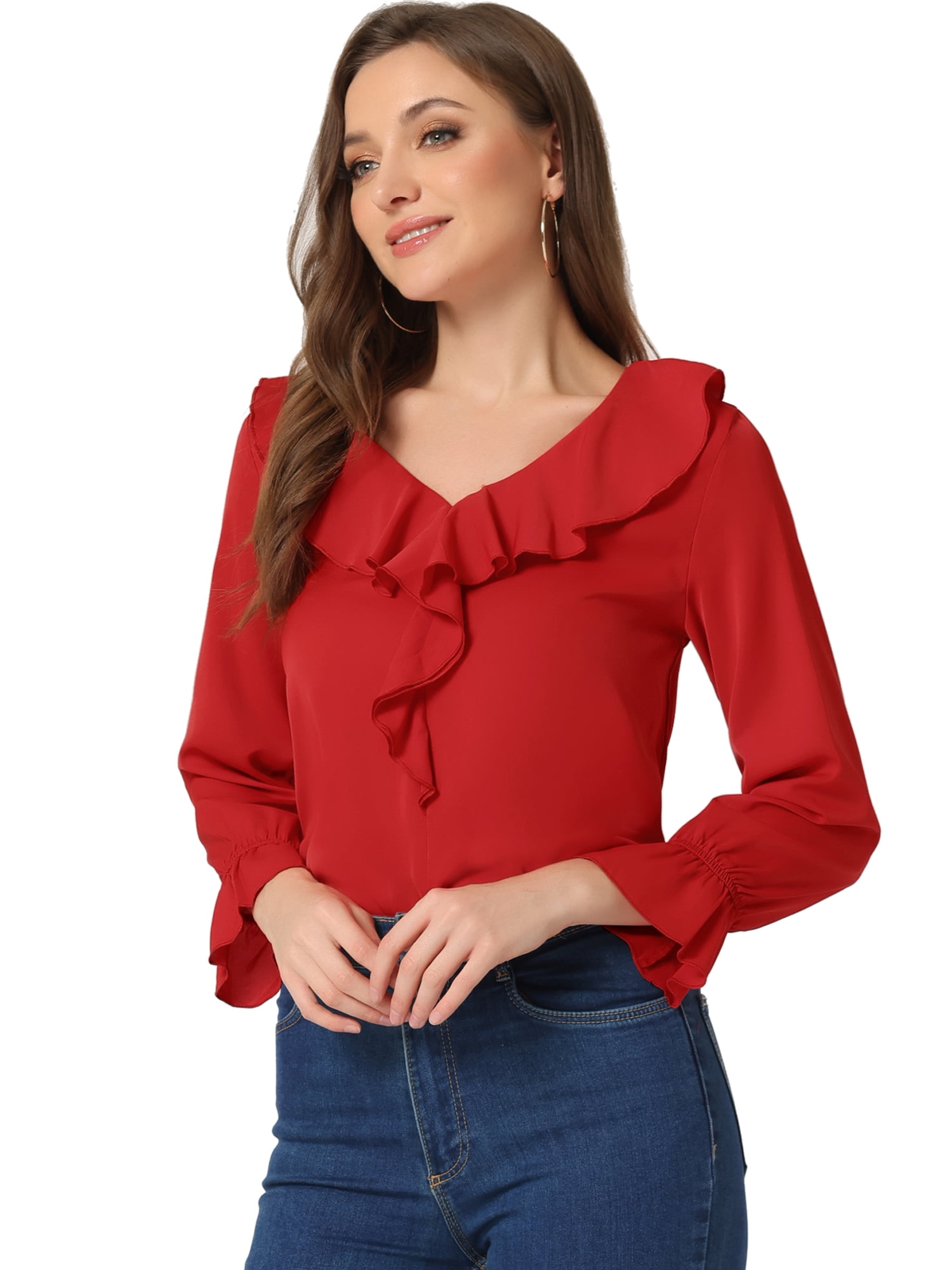 DARING DIVA Women's Ruffle V Neck Chiffon Peasant Blouse XS Red