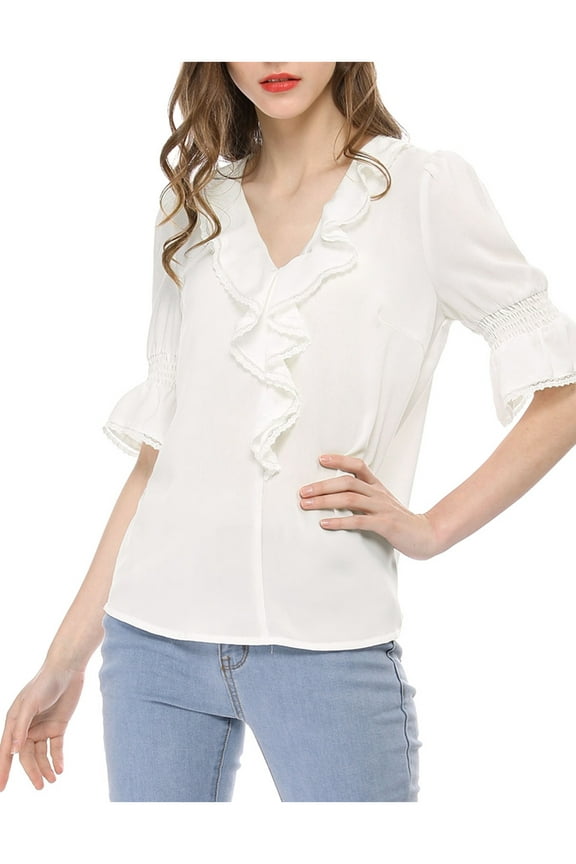 Women's Ruffle V Neck Half Bell Sleeve Chiffon Top 2XL White