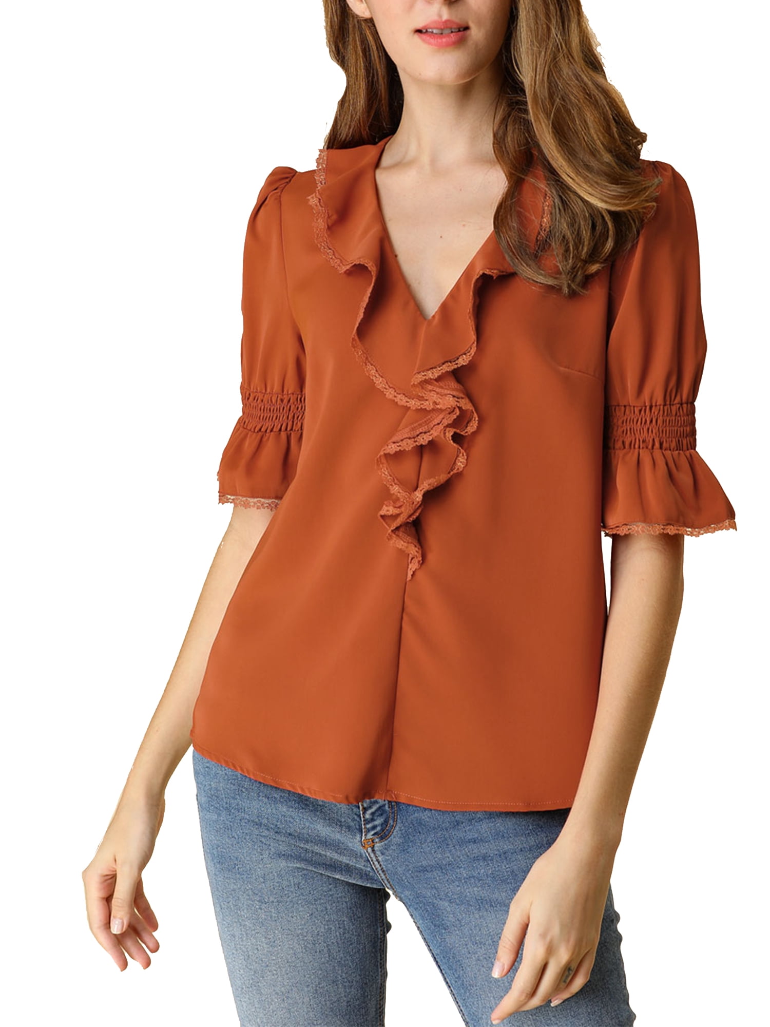 DARING DIVA Women's Ruffle V Neck Half Bell Sleeve Chiffon Top S Brown Red