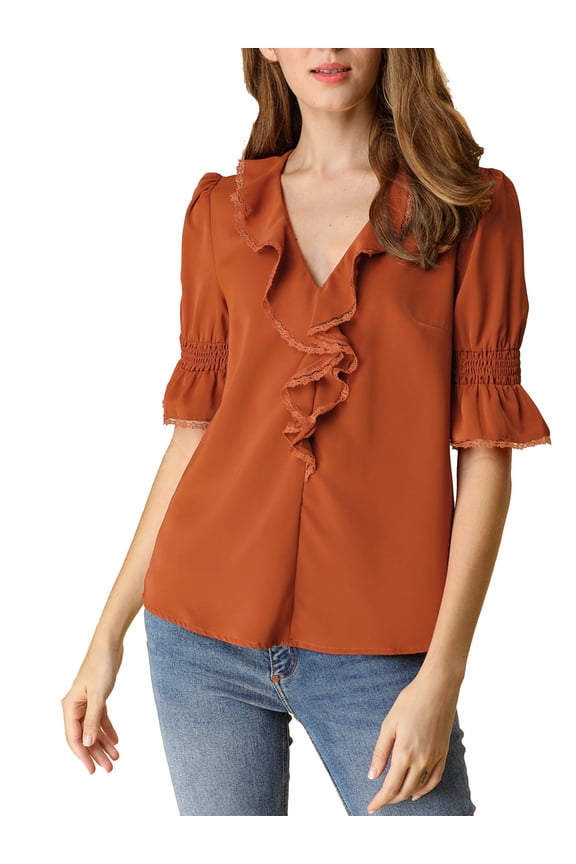 Women's Ruffle V Neck Half Bell Sleeve Chiffon Top S Brown Red