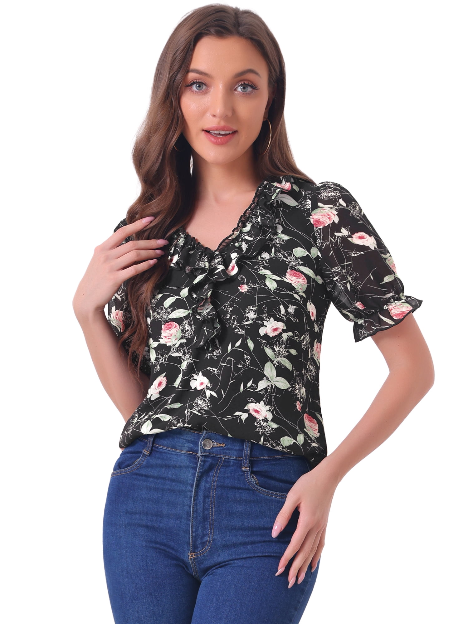 DARING DIVA Women's Ruffle V Neck Puff Blouse Top M Black Red