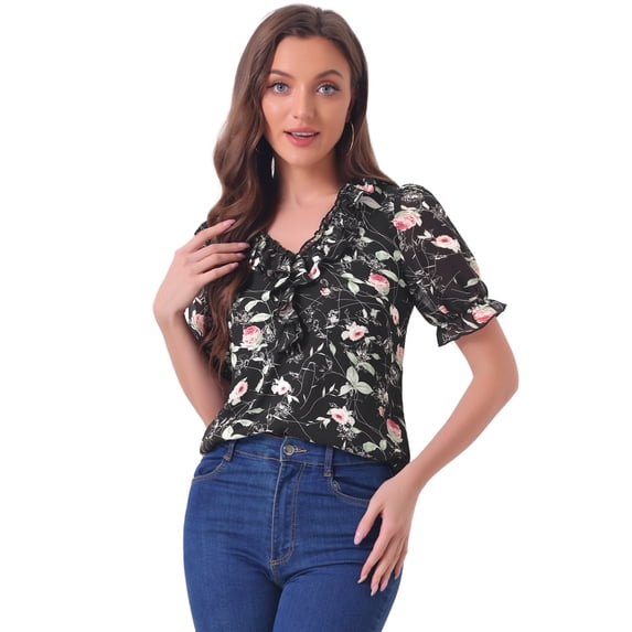 DARING DIVA Women's Ruffle V Neck Puff Blouse Top S Black Red
