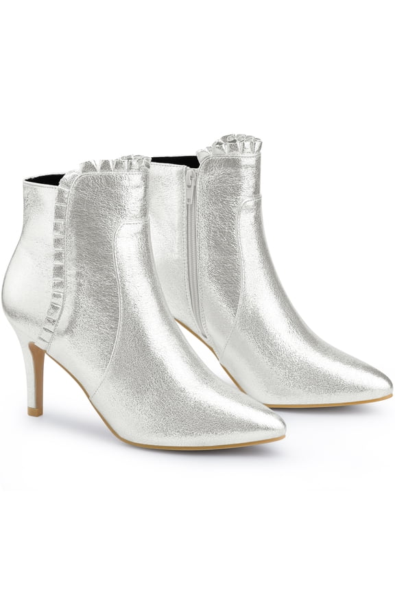 Women's Ruffled Ankle Boot Stiletto Heel Shiny Booties Silver US 7