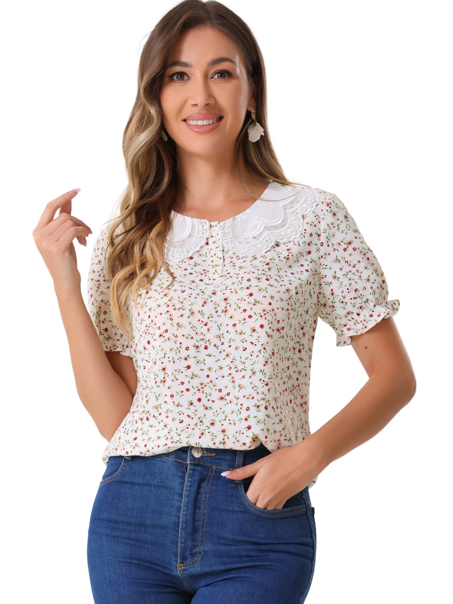 DARING DIVA Women's Ruffled Bubble Short Sleeve Floral Blouse L White