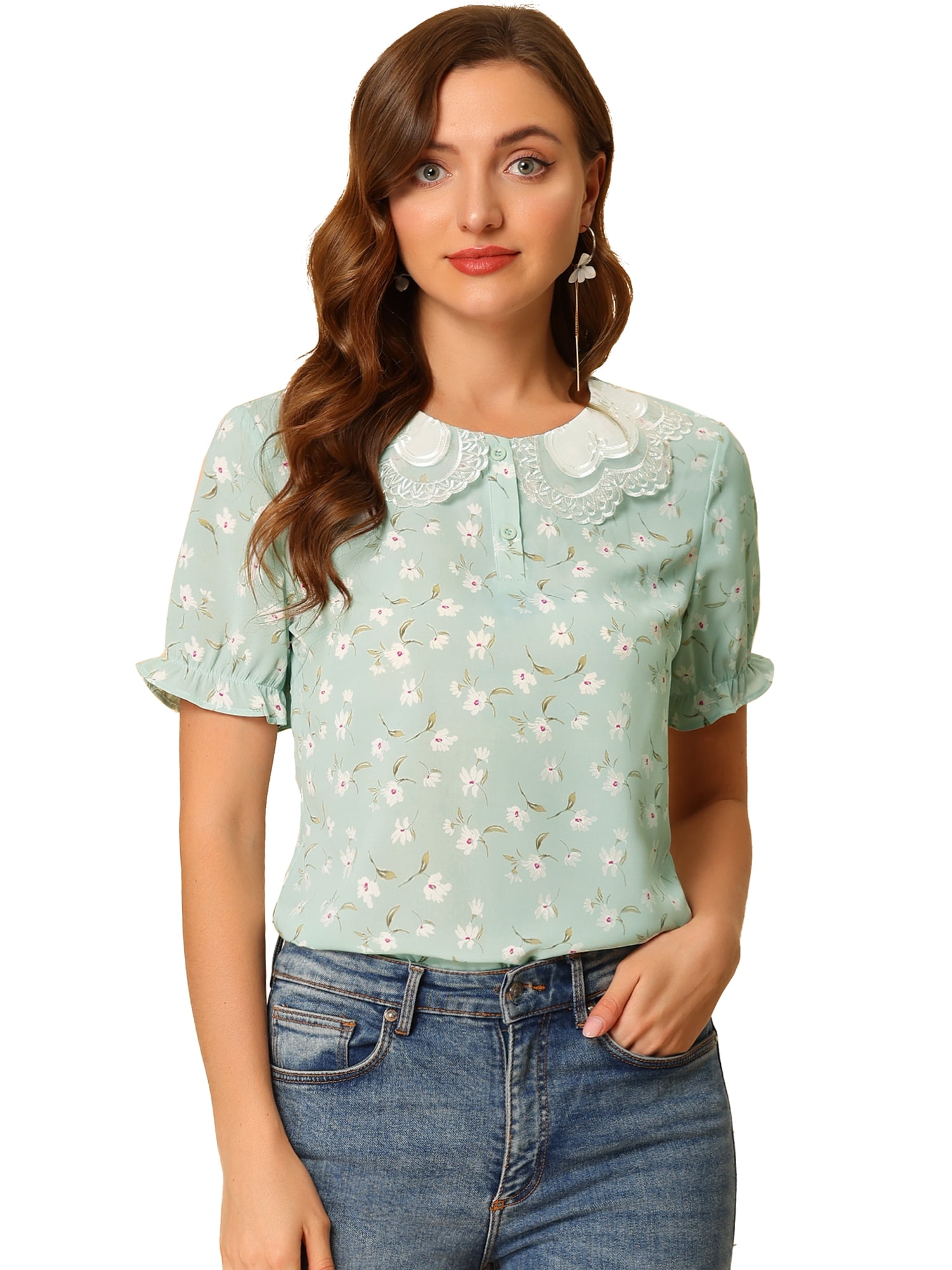 DARING DIVA Women's Ruffled Bubble Short Sleeve Floral Blouse M Green