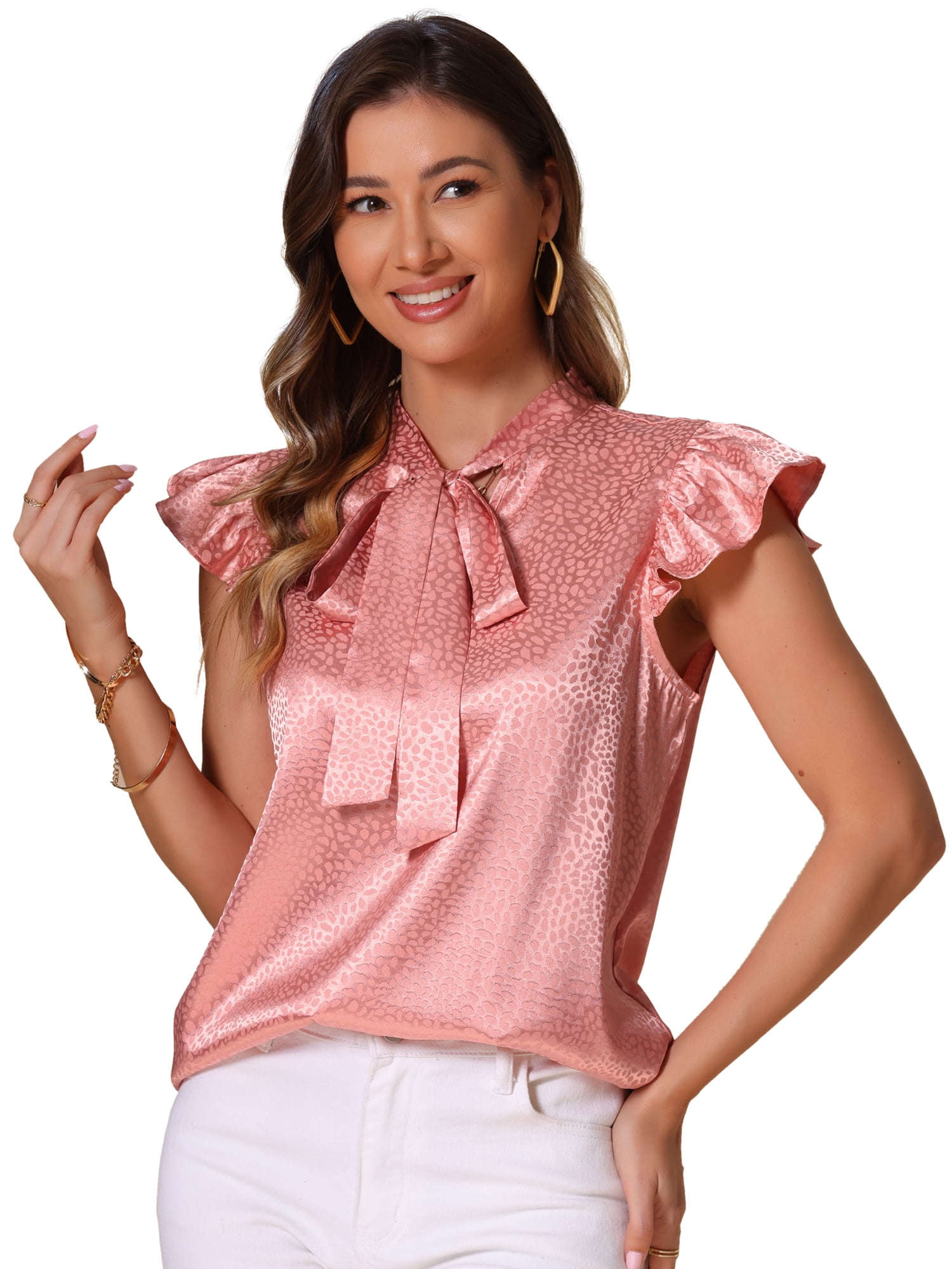 DARING DIVA Women's Ruffled Cap Sleeve Work Polka Dots Blouses XL Pink
