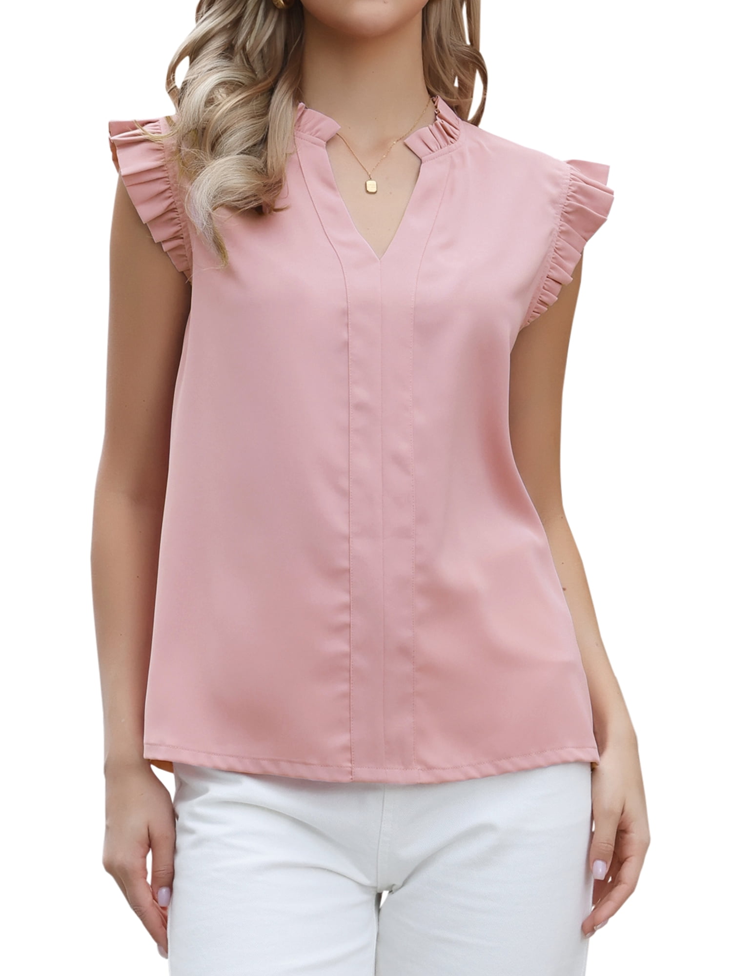 DARING DIVA Women's Ruffled Collar Split V Neck Sleeveless Blouse XL Pink