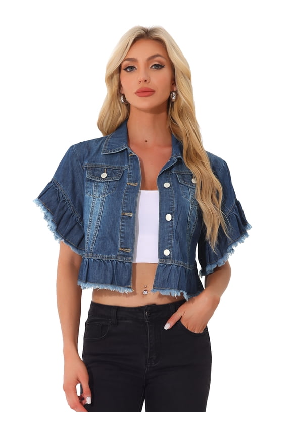 Women's Ruffled Denim Jacket with Peplum Hem Design M Dark Blue