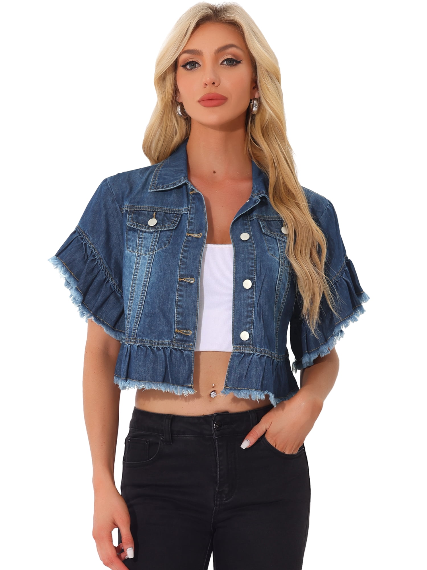 DARING DIVA Women's Ruffled Denim Jacket with Peplum Hem Design XS Dark Blue
