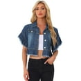 thumbnail image 1 of DARING DIVA Women's Ruffled Denim Jacket with Peplum Hem Design XS Dark Blue, 1 of 6