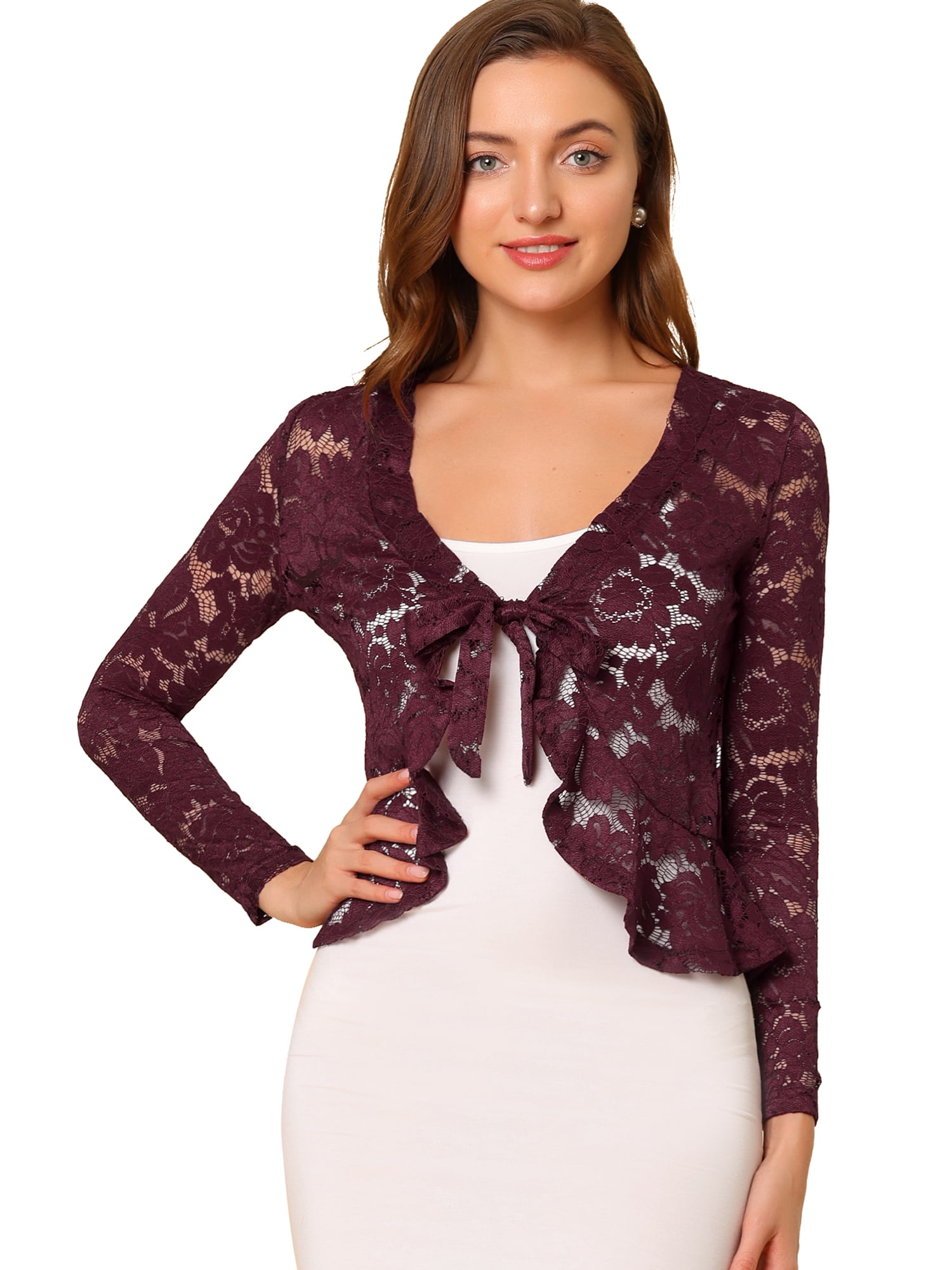 DARING DIVA Women's Ruffled Hem Floral Lace Crop Shrug Cardigan 3X-Large Burgundy