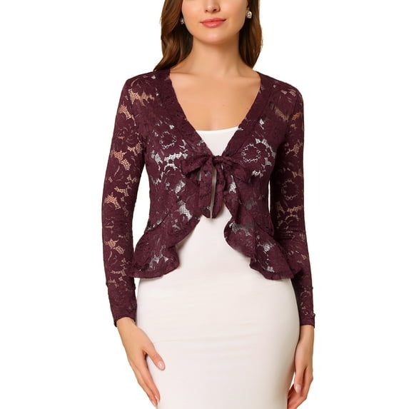DARING DIVA Women's Ruffled Hem Floral Lace Crop Shrug Cardigan L Burgundy