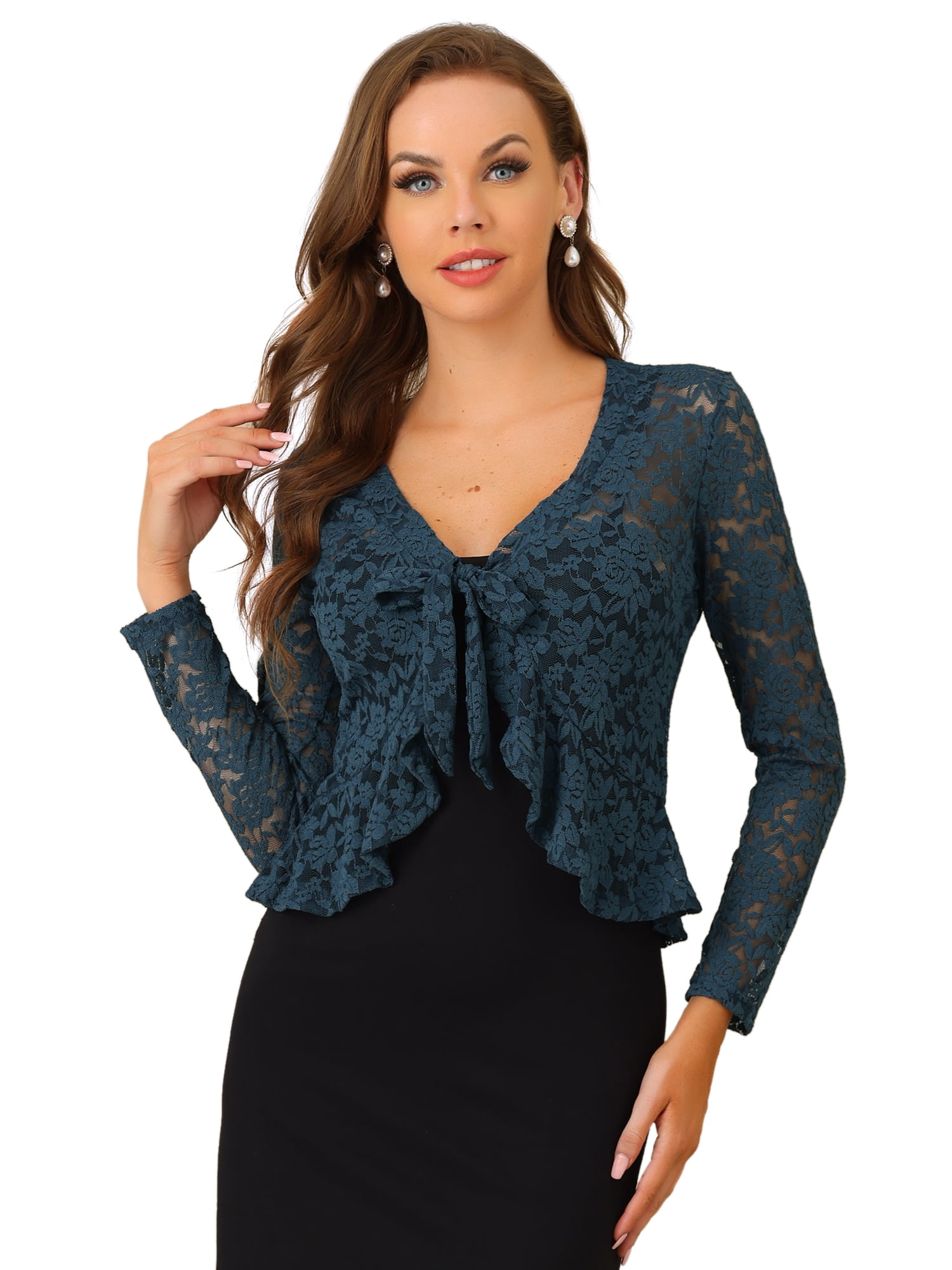 DARING DIVA Women's Ruffled Hem Floral Lace Crop Shrug Cardigan L Dark Blue Grey