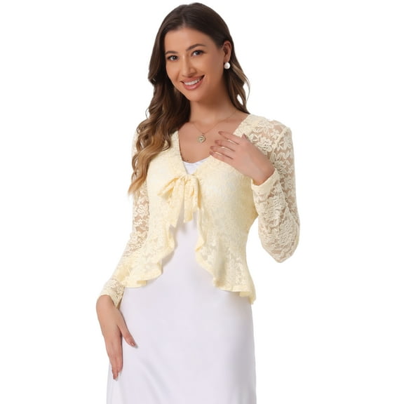 DARING DIVA Women's Ruffled Hem Floral Lace Crop Shrug Cardigan L Light Beige