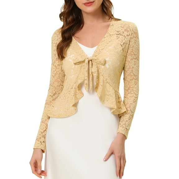 DARING DIVA Women's Ruffled Hem Floral Lace Crop Shrug Cardigan M Beige