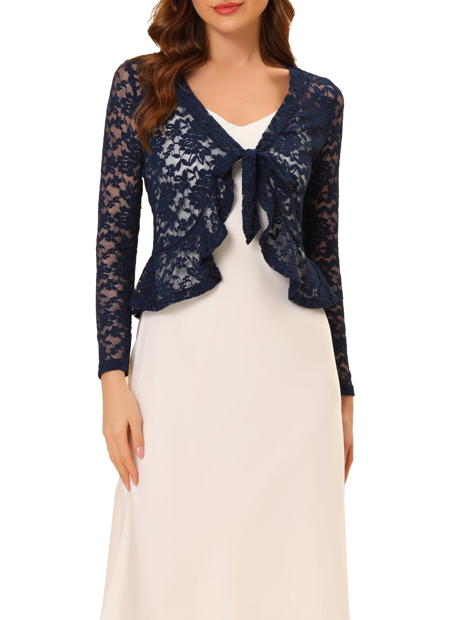 DARING DIVA Women's Ruffled Hem Floral Lace Crop Shrug Cardigan M Dark Blue