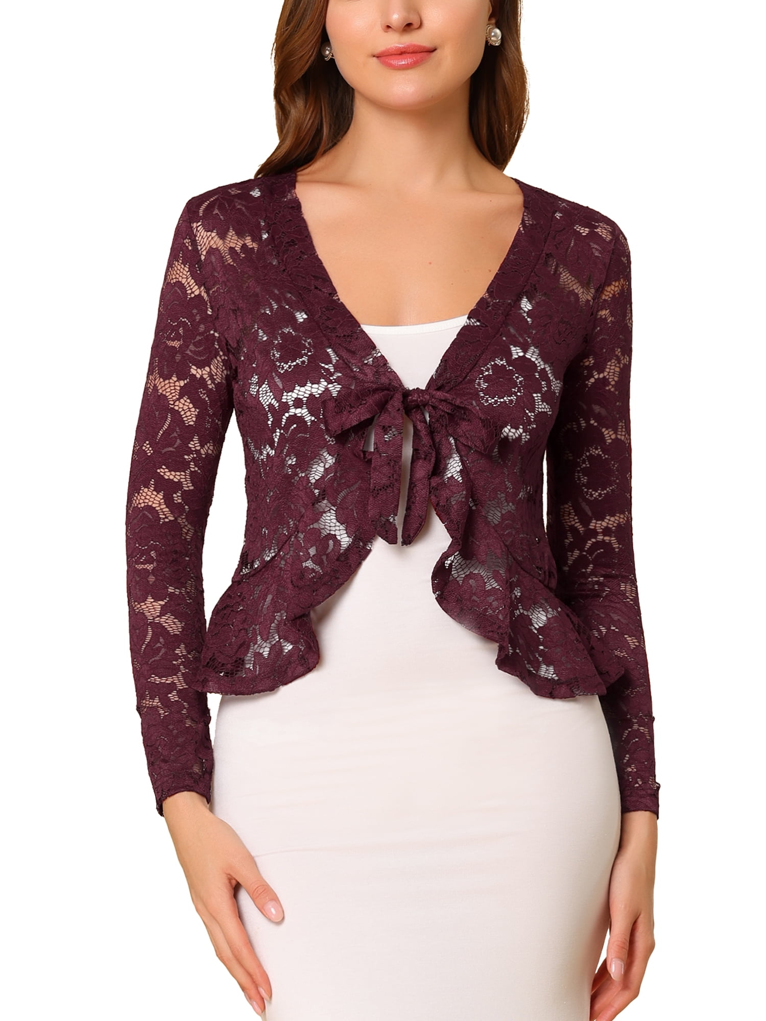 DARING DIVA Women's Ruffled Hem Floral Lace Crop Shrug Cardigan S Burgundy