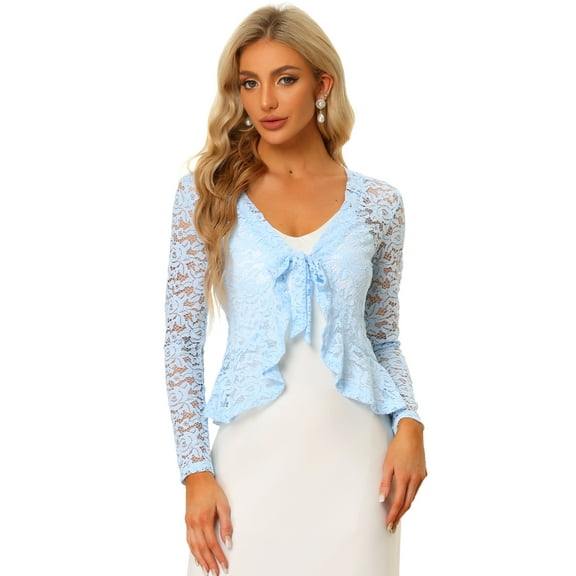 DARING DIVA Women's Ruffled Hem Floral Lace Crop Shrug Cardigan S Light Blue
