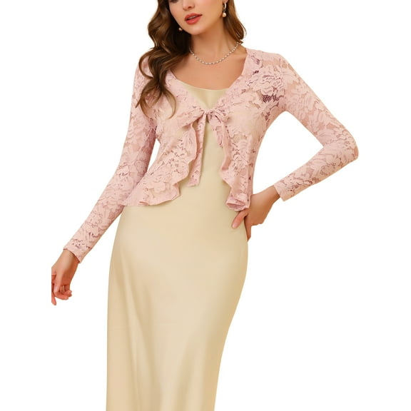 DARING DIVA Women's Ruffled Hem Floral Lace Crop Shrug Cardigan S Pink