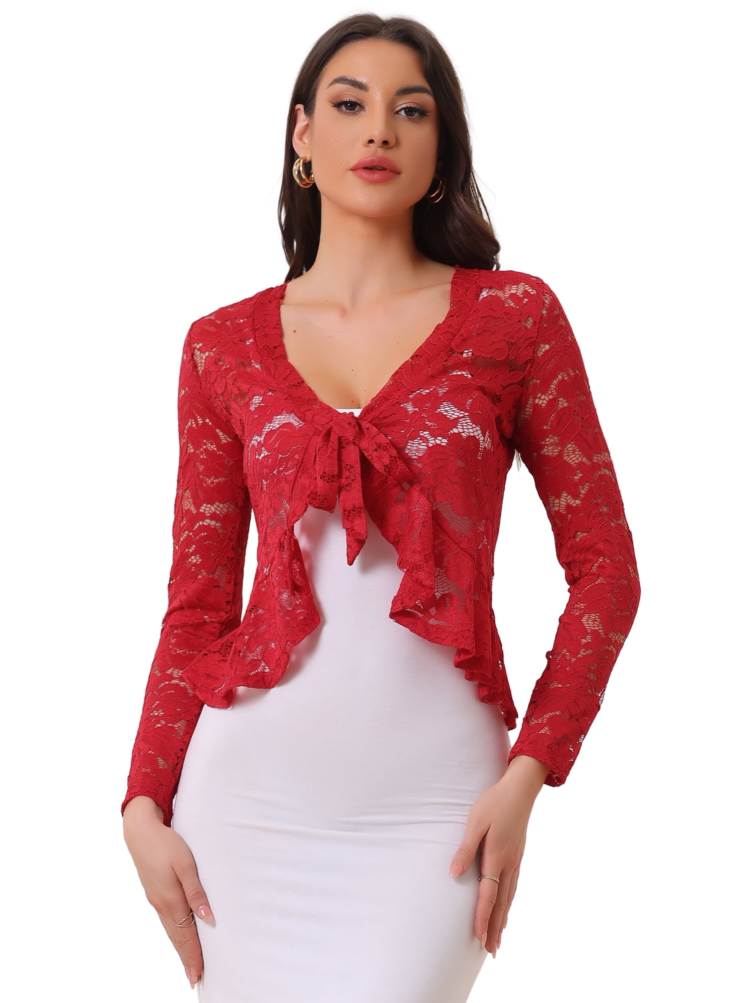 DARING DIVA Women's Ruffled Hem Floral Lace Crop Shrug Cardigan S Red