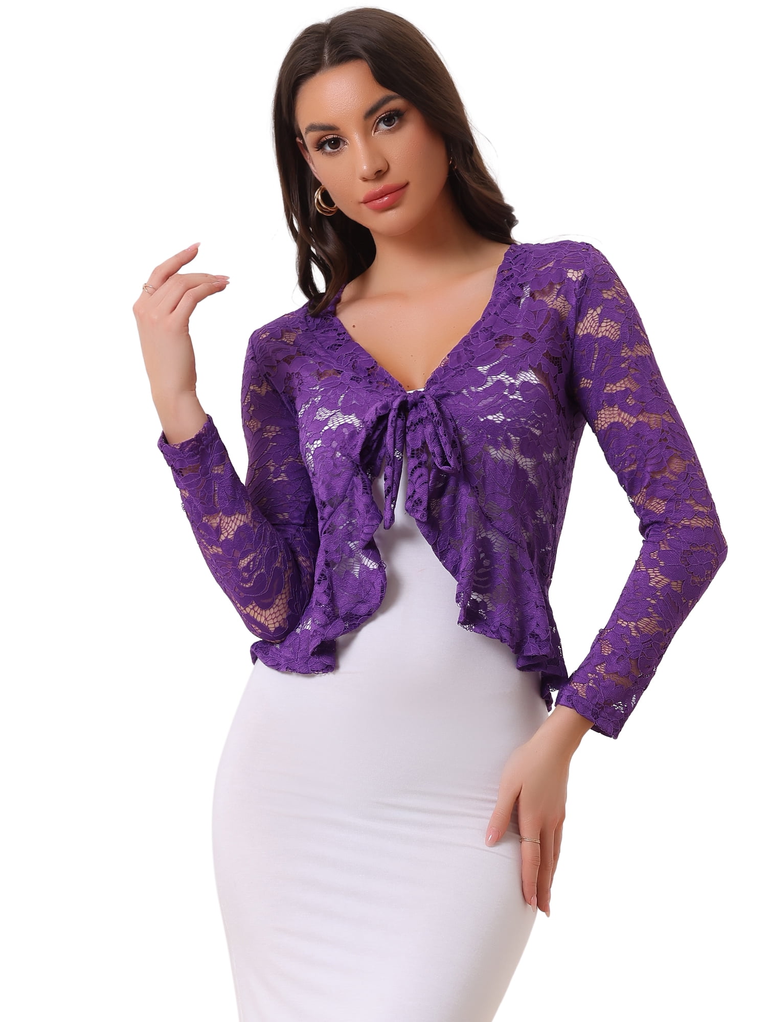 DARING DIVA Women's Ruffled Hem Floral Lace Crop Shrug Cardigan S Violet Purple