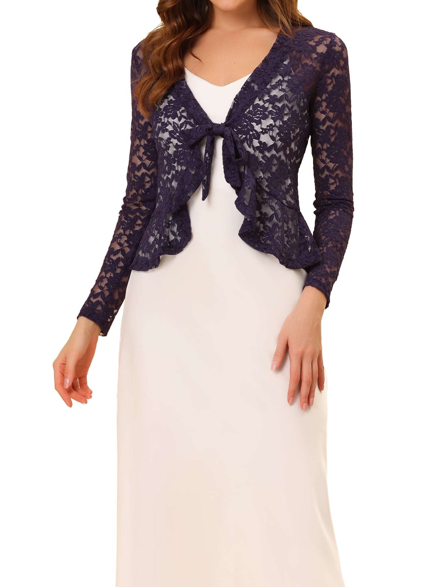 DARING DIVA Women's Ruffled Hem Floral Lace Crop Shrug Cardigan XL Purple