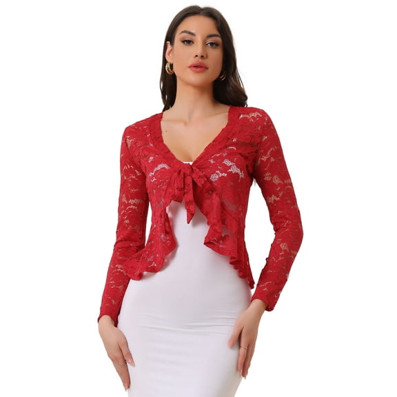 DARING DIVA Women's Ruffled Hem Floral Lace Crop Shrug Cardigan XL Red