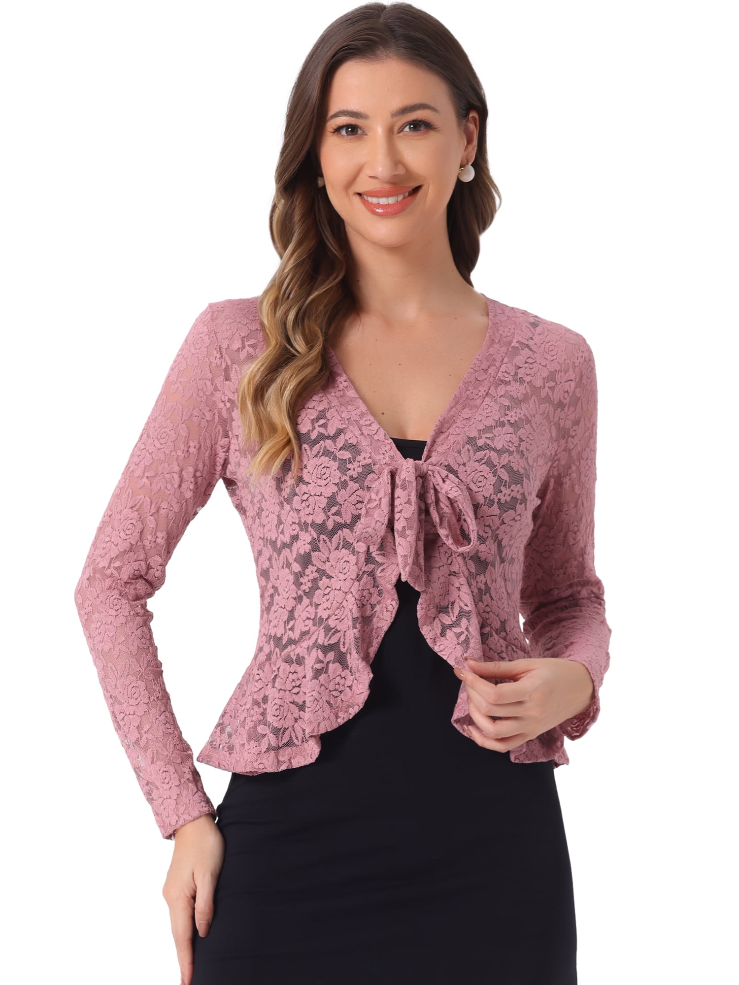 DARING DIVA Women's Ruffled Hem Floral Lace Crop Shrug Cardigan XS Dark Pink