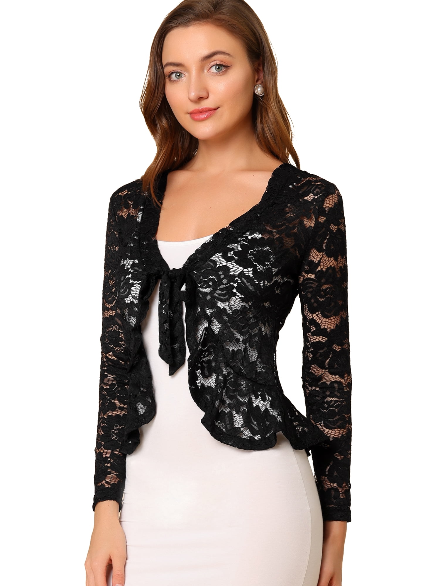 DARING DIVA Women's Ruffled Hem Floral Lace Crop Shrug Cardigan XX-Large Black