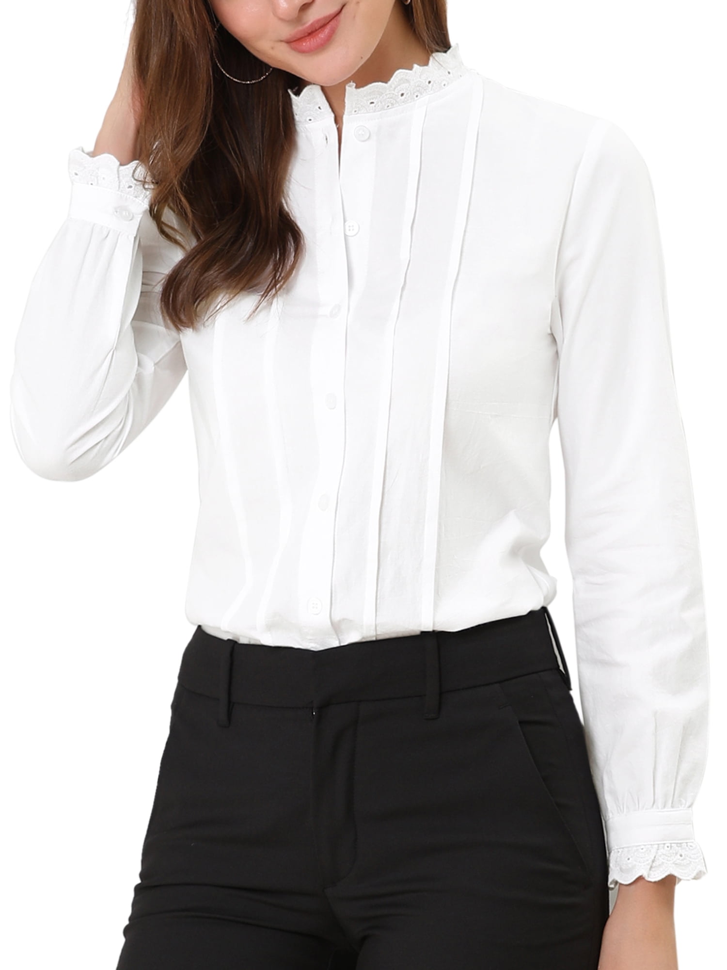 DARING DIVA Women's Ruffled Lace Button Up Long Sleeve Shirt S White
