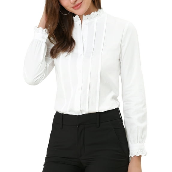 DARING DIVA Women's Ruffled Lace Button Up Long Sleeve Shirt S White