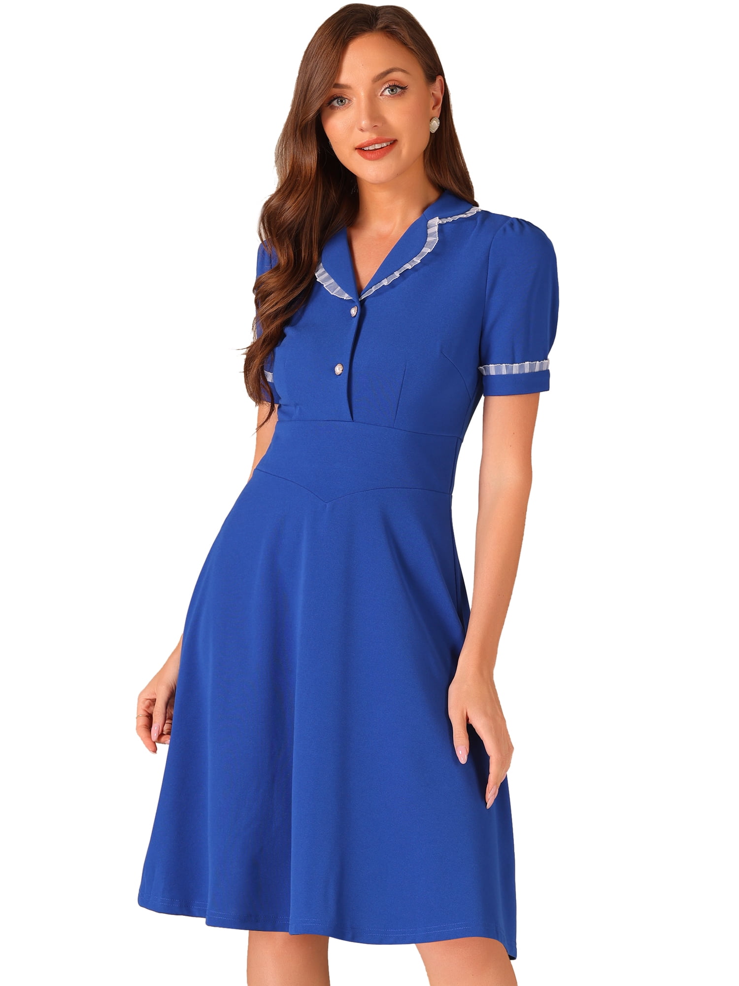 DARING DIVA Women's Vintage Puff Sleeve Peter Pan Collar Dress L Royal Blue